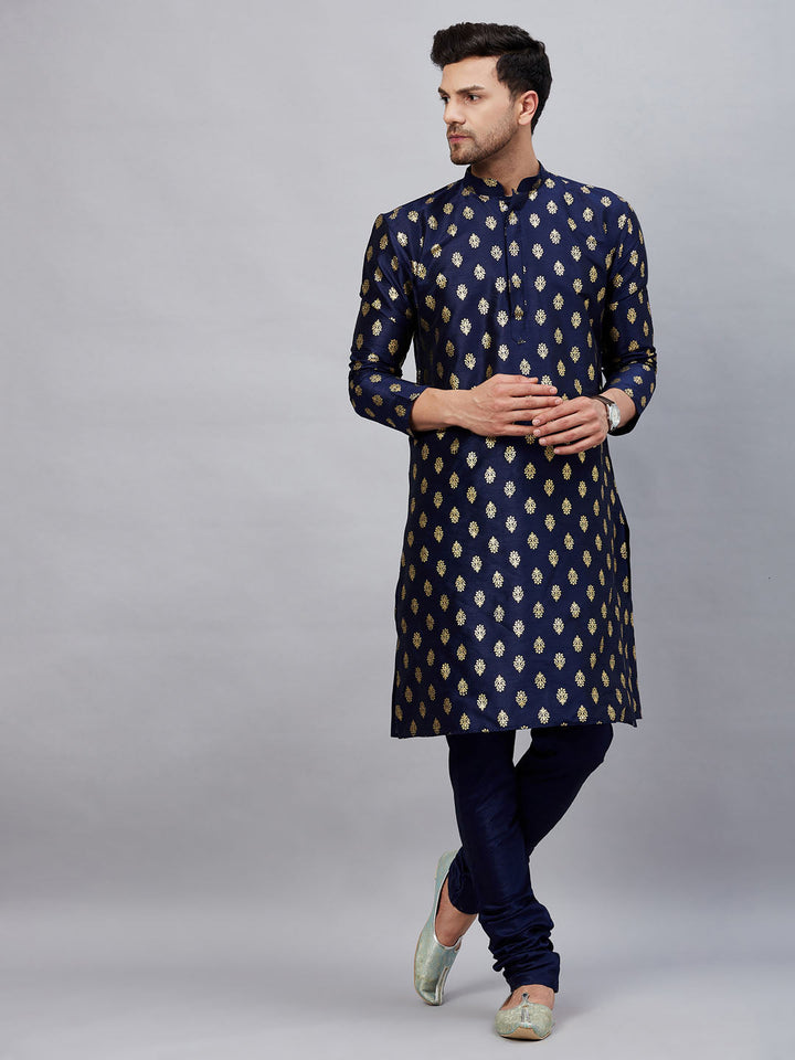 VM Men's Navy Blue Dupion Silk Kurta Pyjama Set