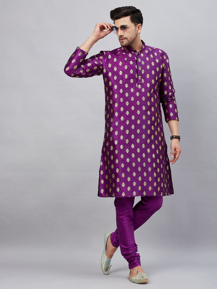 Sarvati Men's Purple Foil Print Silk Blend Kurta Pyjama Set