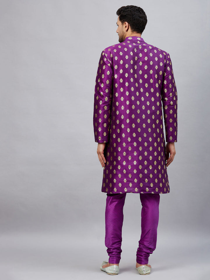 Sarvati Men's Purple Foil Print Silk Blend Kurta Pyjama Set