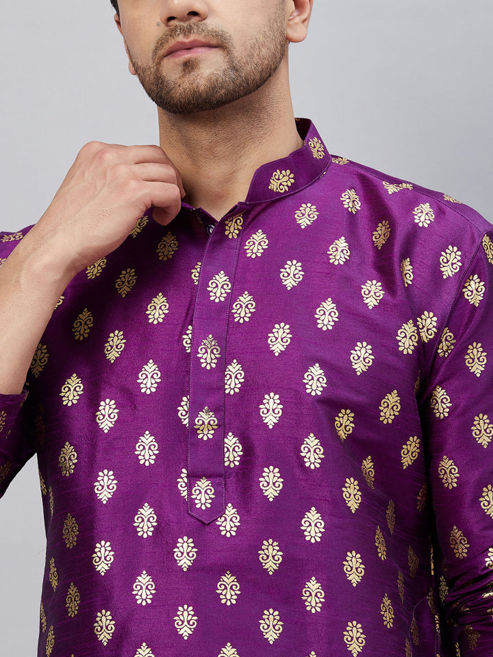 Sarvati Men's Purple Foil Print Silk Blend Kurta Pyjama Set