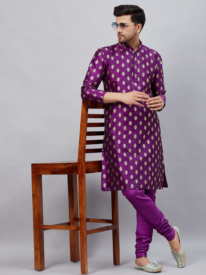 Sarvati Men's Purple Foil Print Silk Blend Kurta Pyjama Set