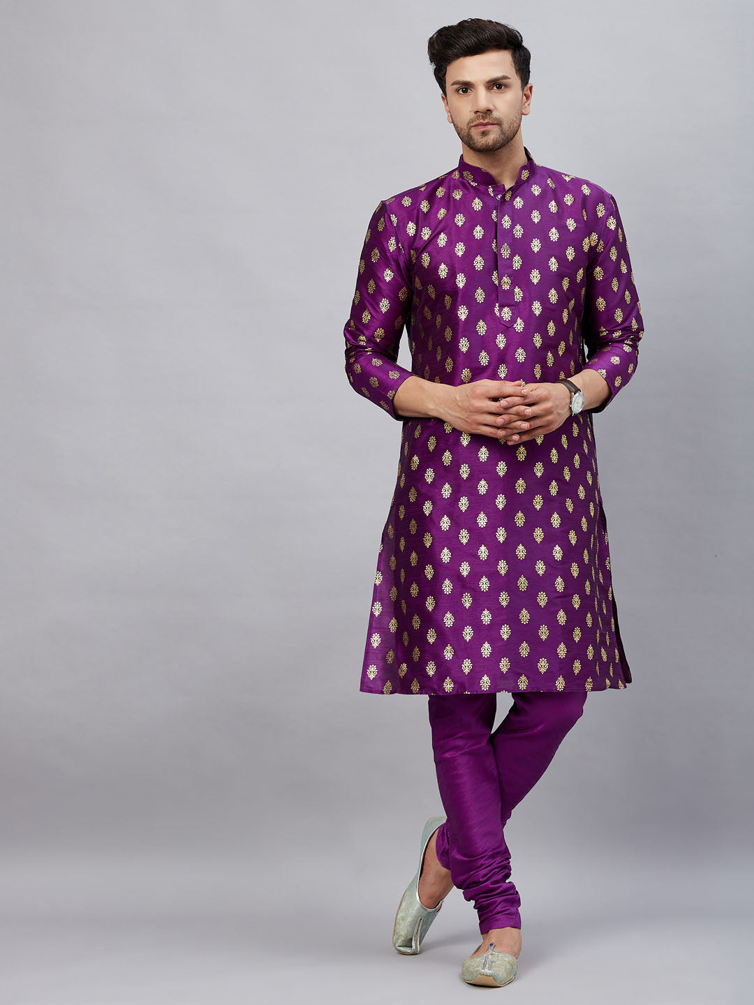 Sarvati Men's Purple Foil Print Silk Blend Kurta Pyjama Set