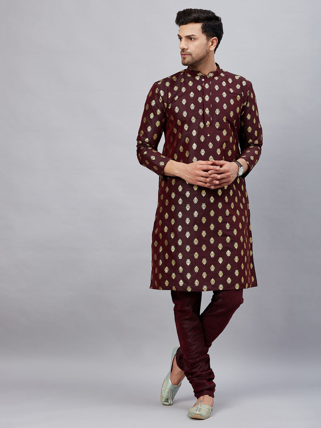 Sarvati Men's Wine Foil Print Silk Blend Kurta Pyjama Set