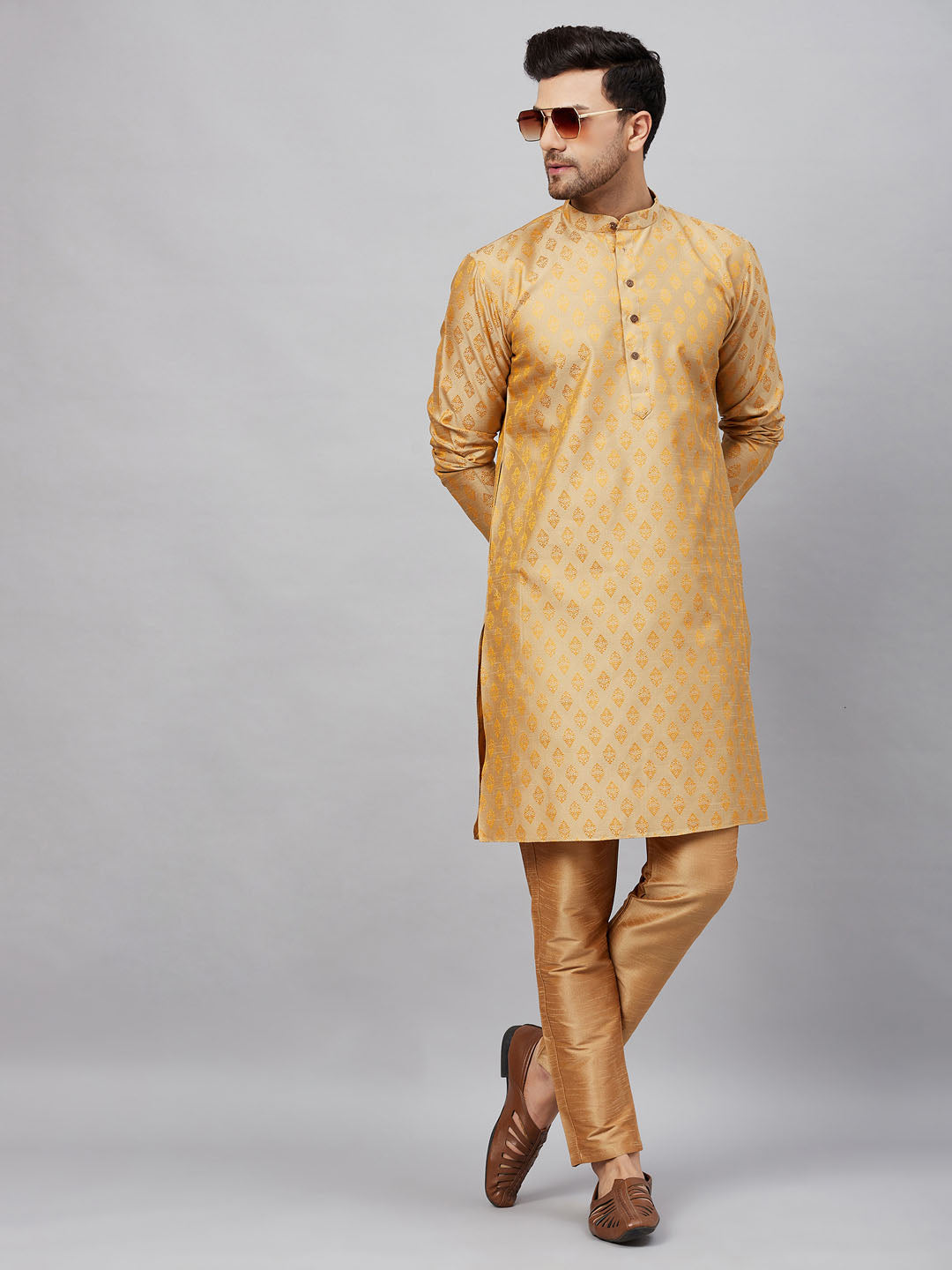 Sarvati Men's Beige and Rose Gold Woven Kurta Pant Set