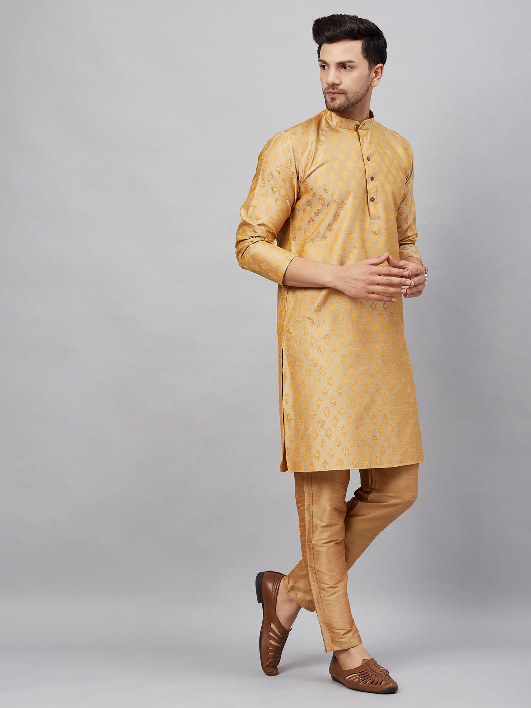 Sarvati Men's Beige and Rose Gold Woven Kurta Pant Set