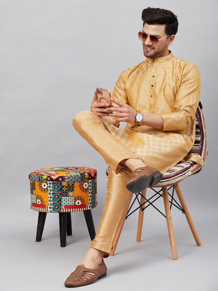 Sarvati Men's Beige and Rose Gold Woven Kurta Pant Set