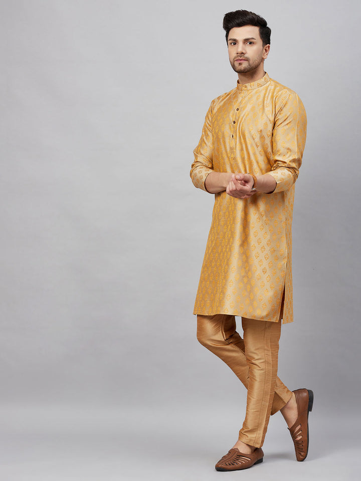 Sarvati Men's Beige and Rose Gold Woven Kurta Pant Set