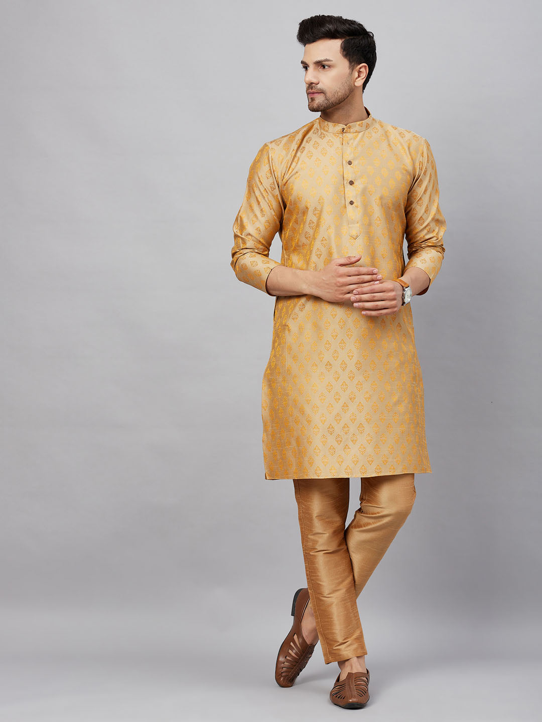 Sarvati Men's Beige and Rose Gold Woven Kurta Pant Set