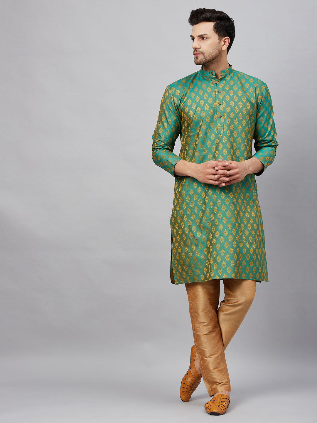 Sarvati Men's Green and Rose Gold Woven Kurta Pant Set