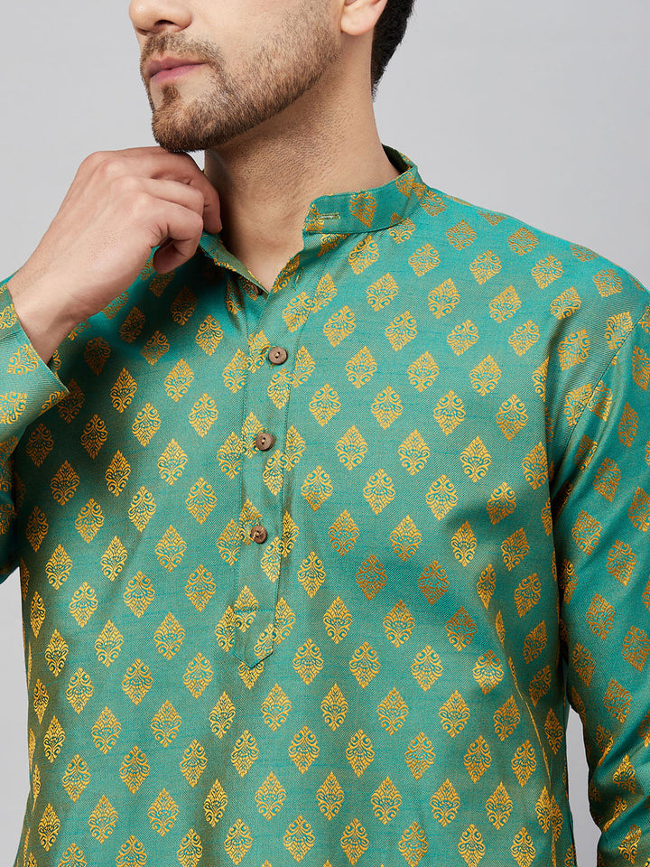 Sarvati Men's Green and Rose Gold Woven Kurta Pant Set