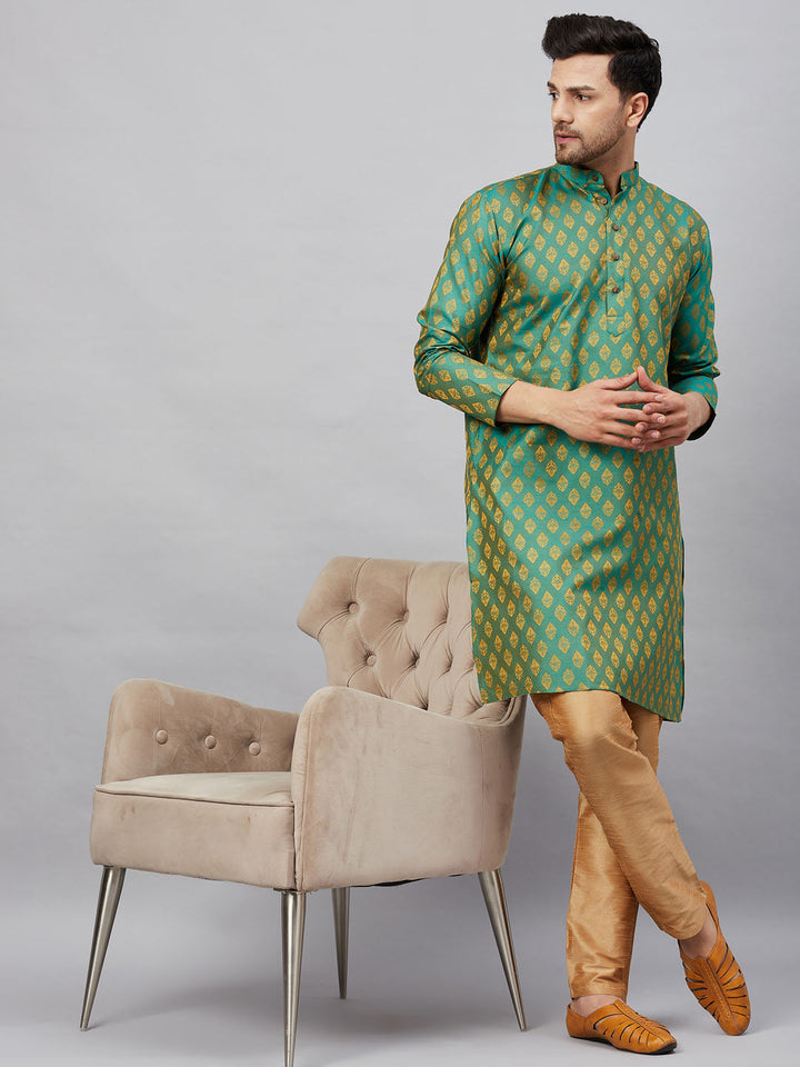 Sarvati Men's Green and Rose Gold Woven Kurta Pant Set