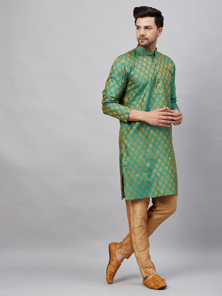 Sarvati Men's Green and Rose Gold Woven Kurta Pant Set