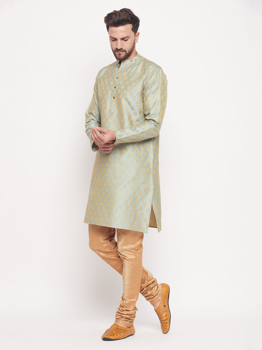 Sarvati Men's Mint Green Woven Kurta Pyjama Set