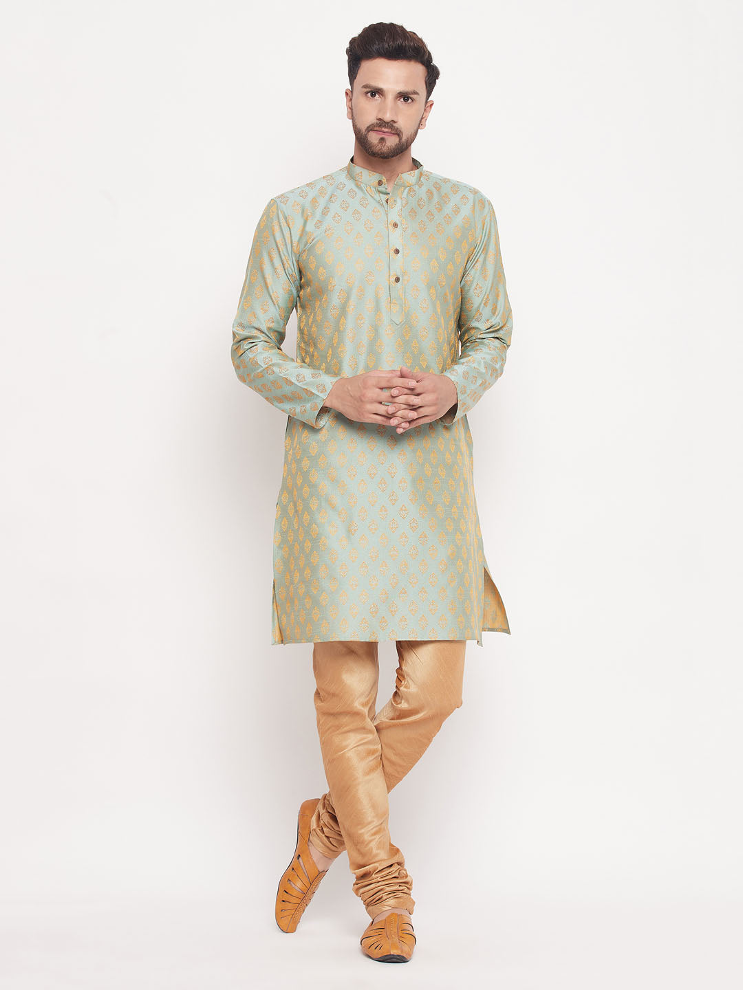 Sarvati Men's Mint Green Woven Kurta Pyjama Set