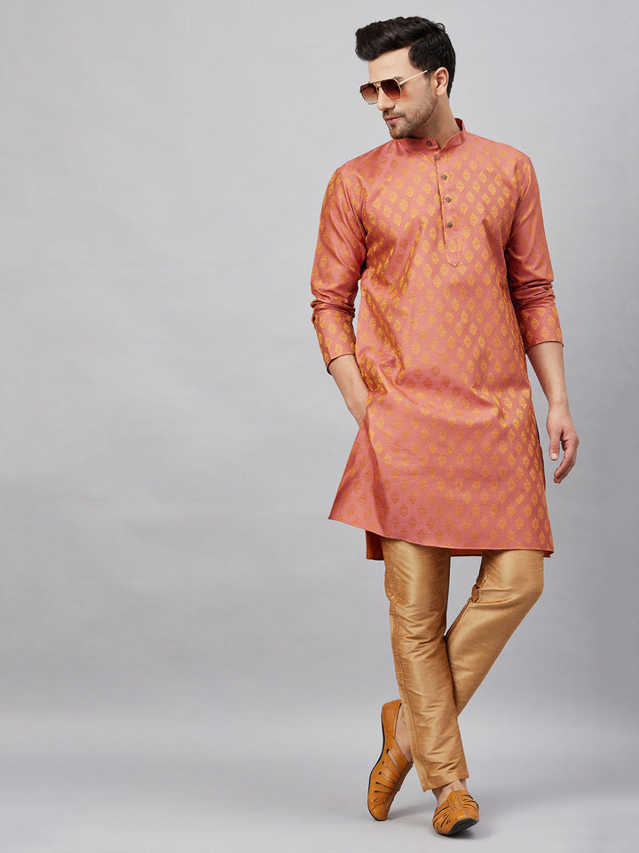 Sarvati Men's Pink and Rose Gold Woven Kurta Pant Set