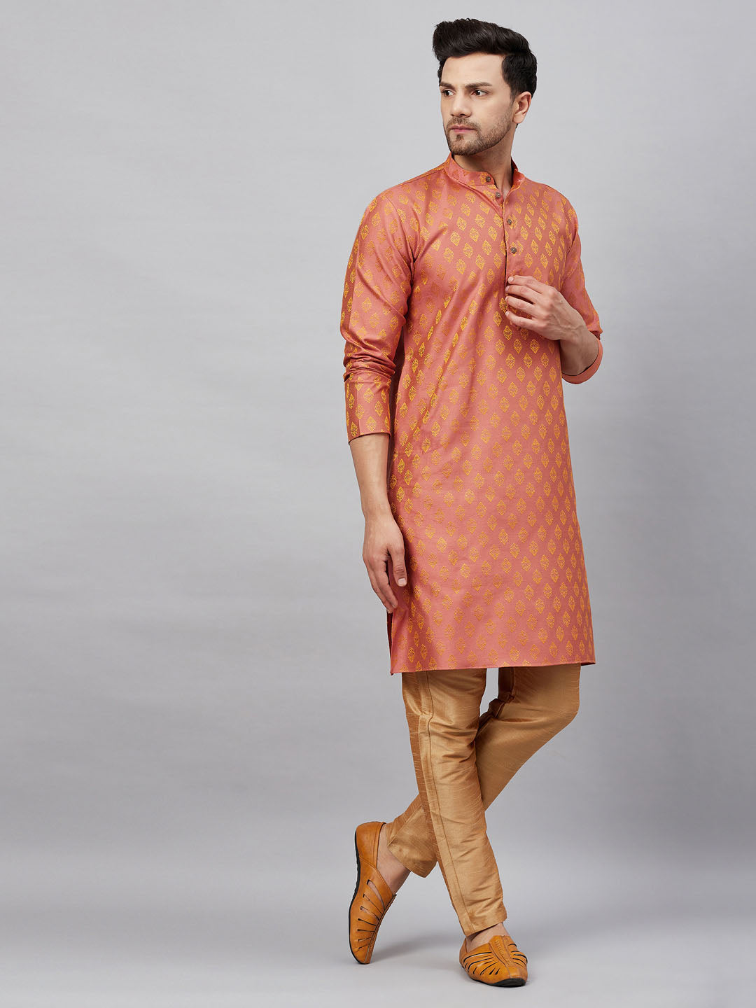 Sarvati Men's Pink and Rose Gold Woven Kurta Pant Set