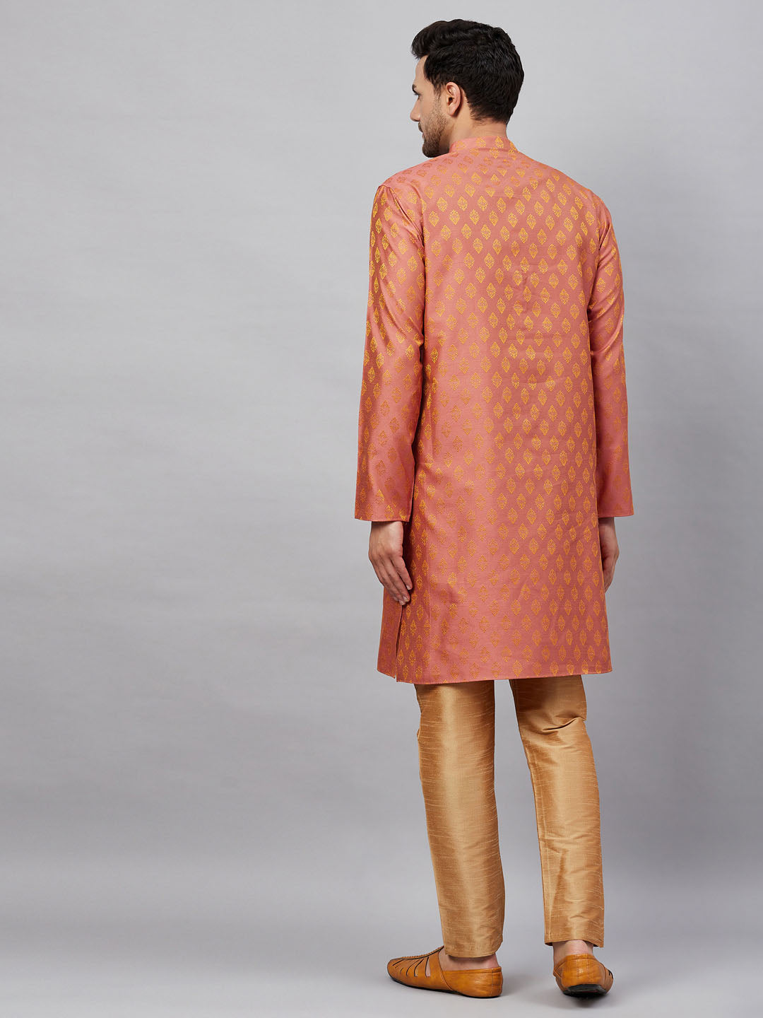 Sarvati Men's Pink and Rose Gold Woven Kurta Pant Set