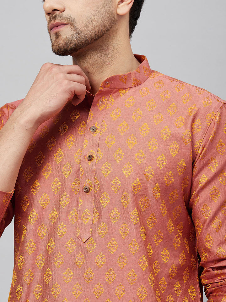 Sarvati Men's Pink and Rose Gold Woven Kurta Pant Set