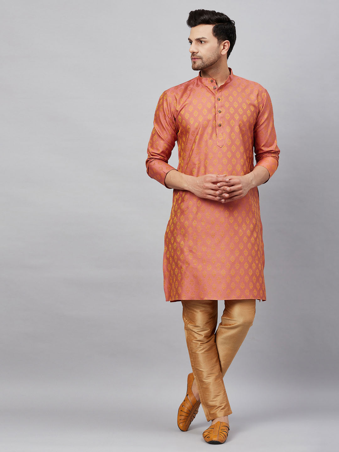 Sarvati Men's Pink and Rose Gold Woven Kurta Pant Set