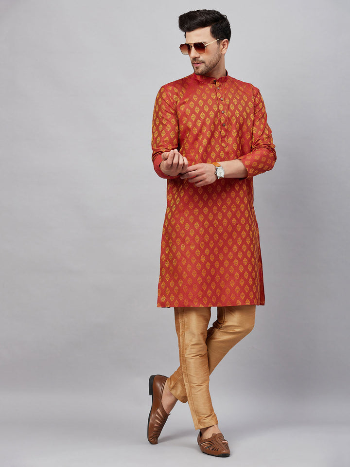 Sarvati Men's Red and Rose Gold Woven Kurta Pant Set