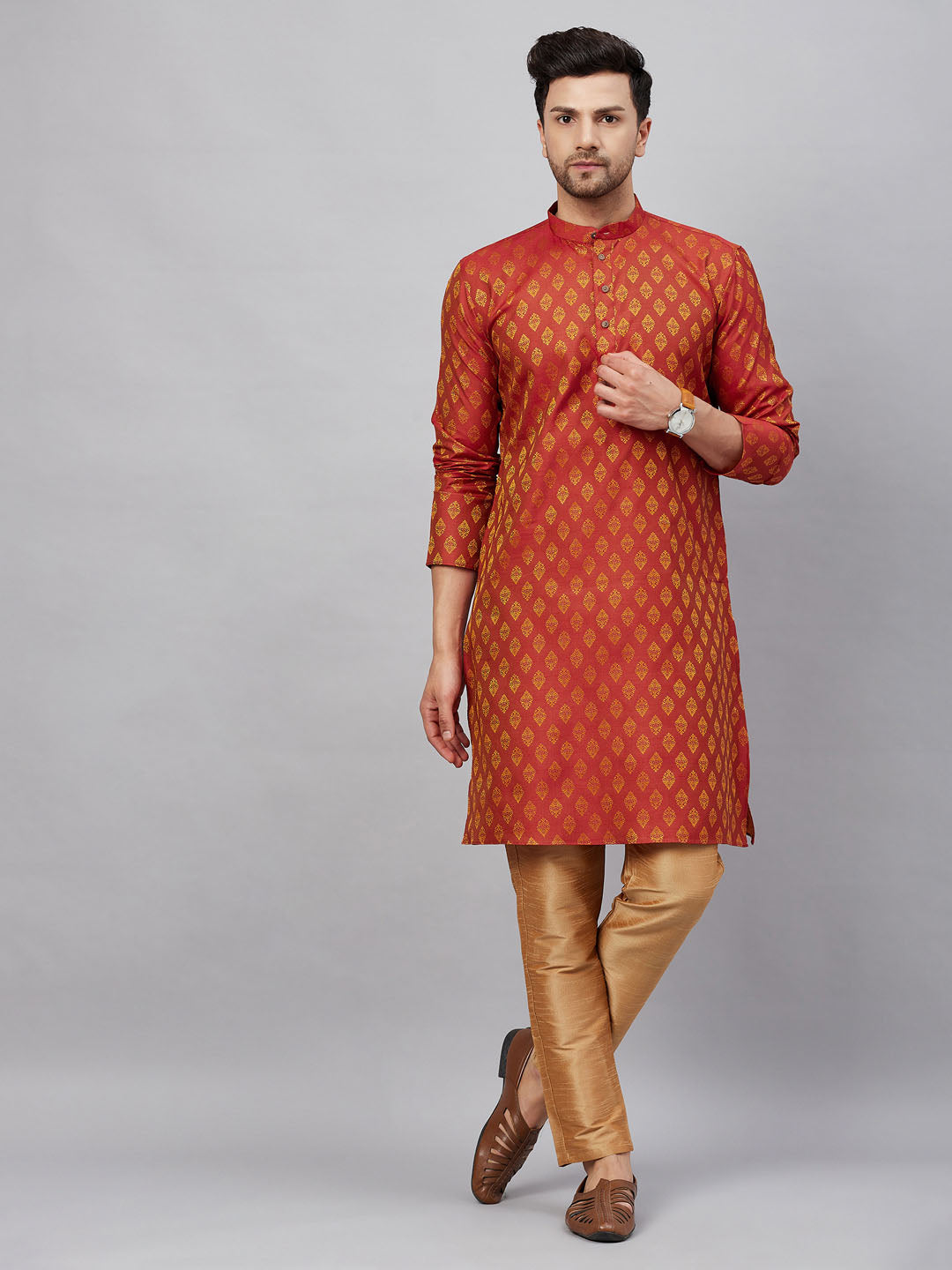 Sarvati Men's Red and Rose Gold Woven Kurta Pant Set