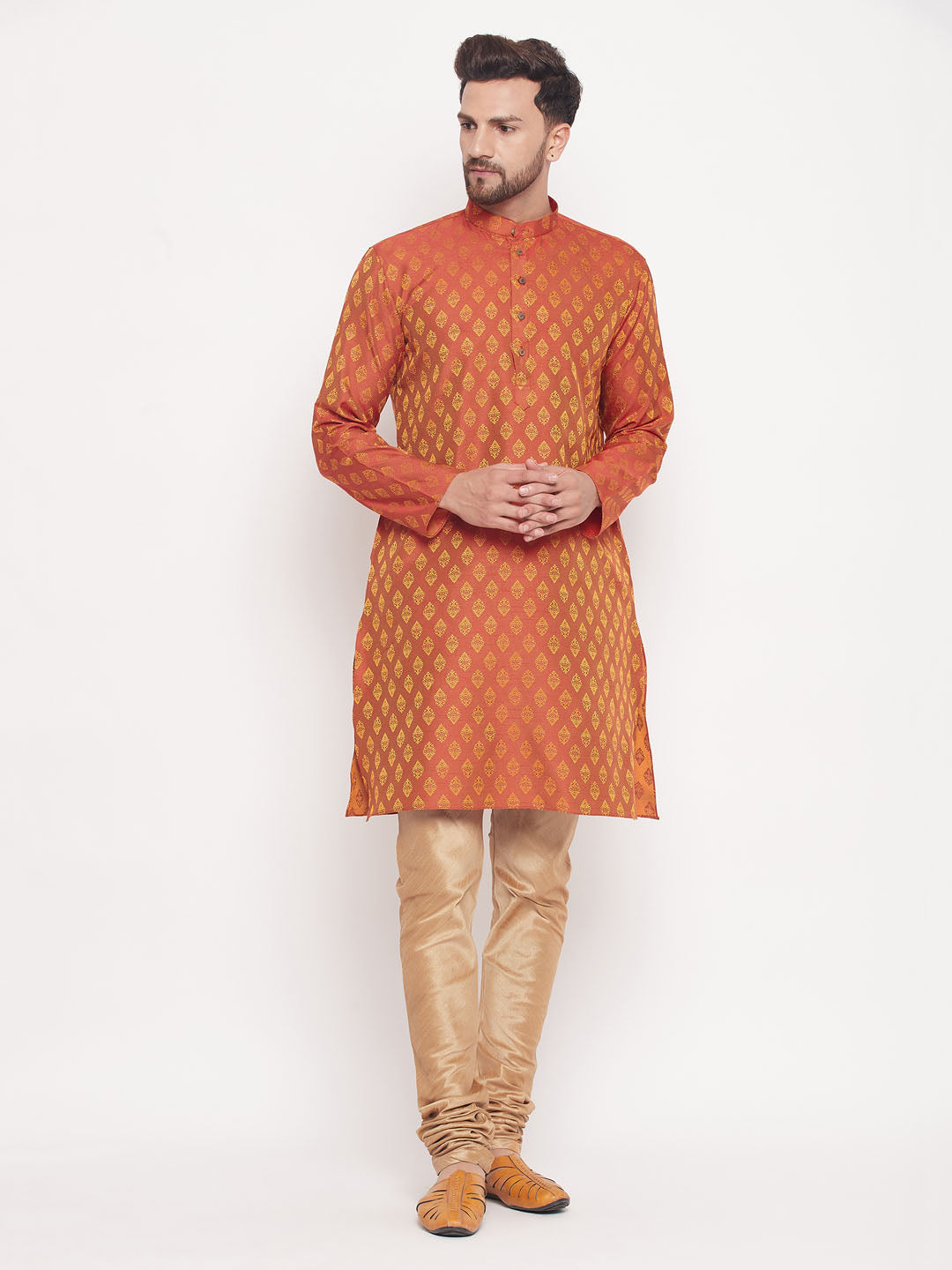 Sarvati Men's Red Woven Kurta Pyjama Set