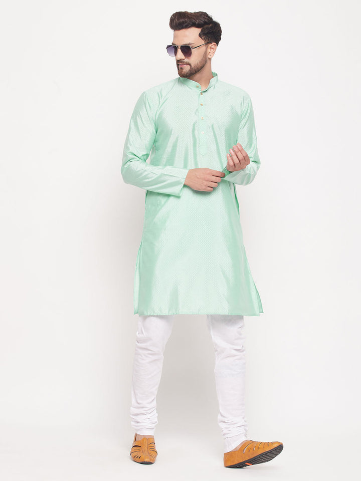 Sarvati Men's Aqua Blue Square Woven Design Silk Blend Kurta With White Pyjama Set