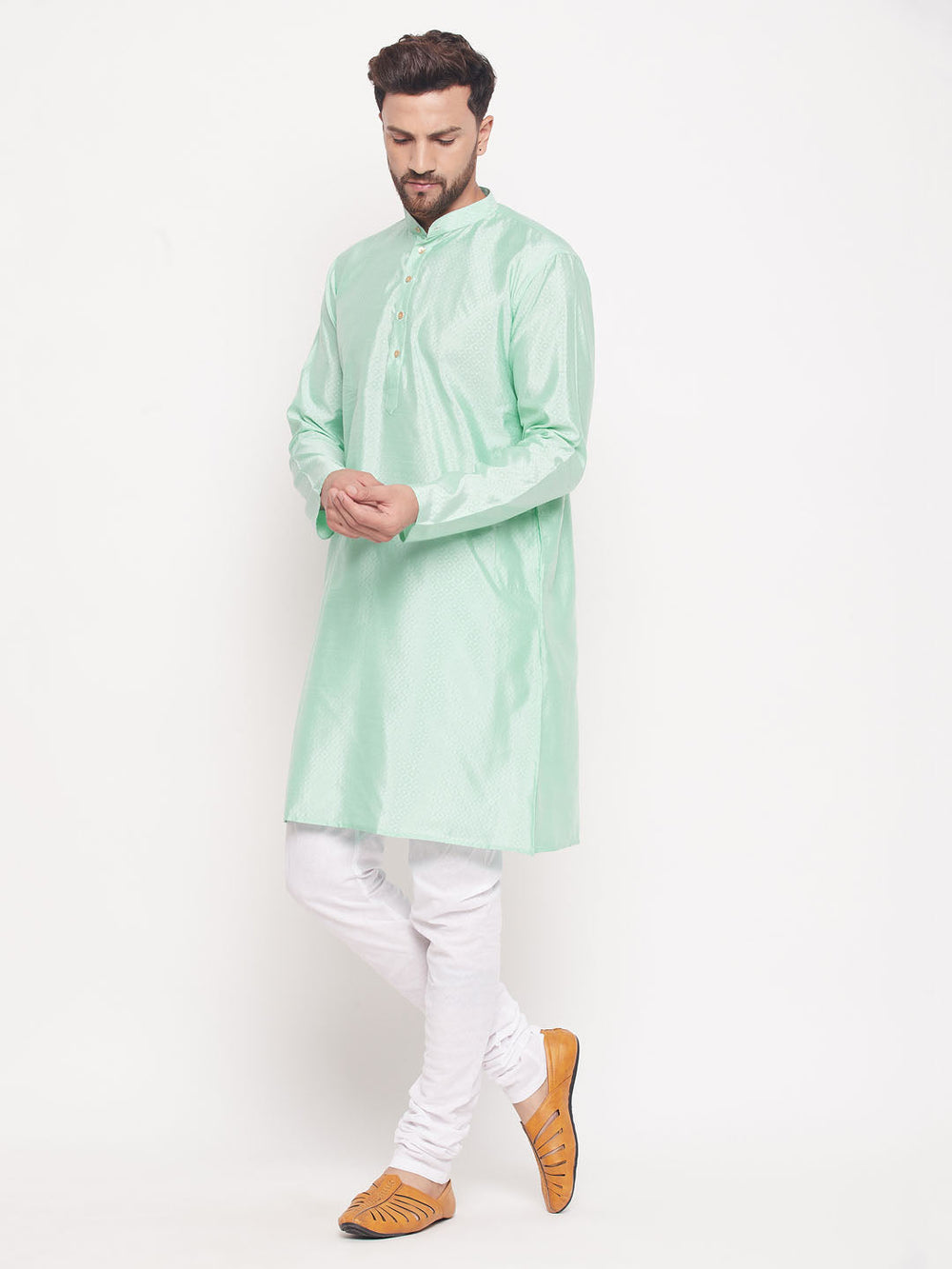 Sarvati Men's Aqua Blue Square Woven Design Silk Blend Kurta With White Pyjama Set