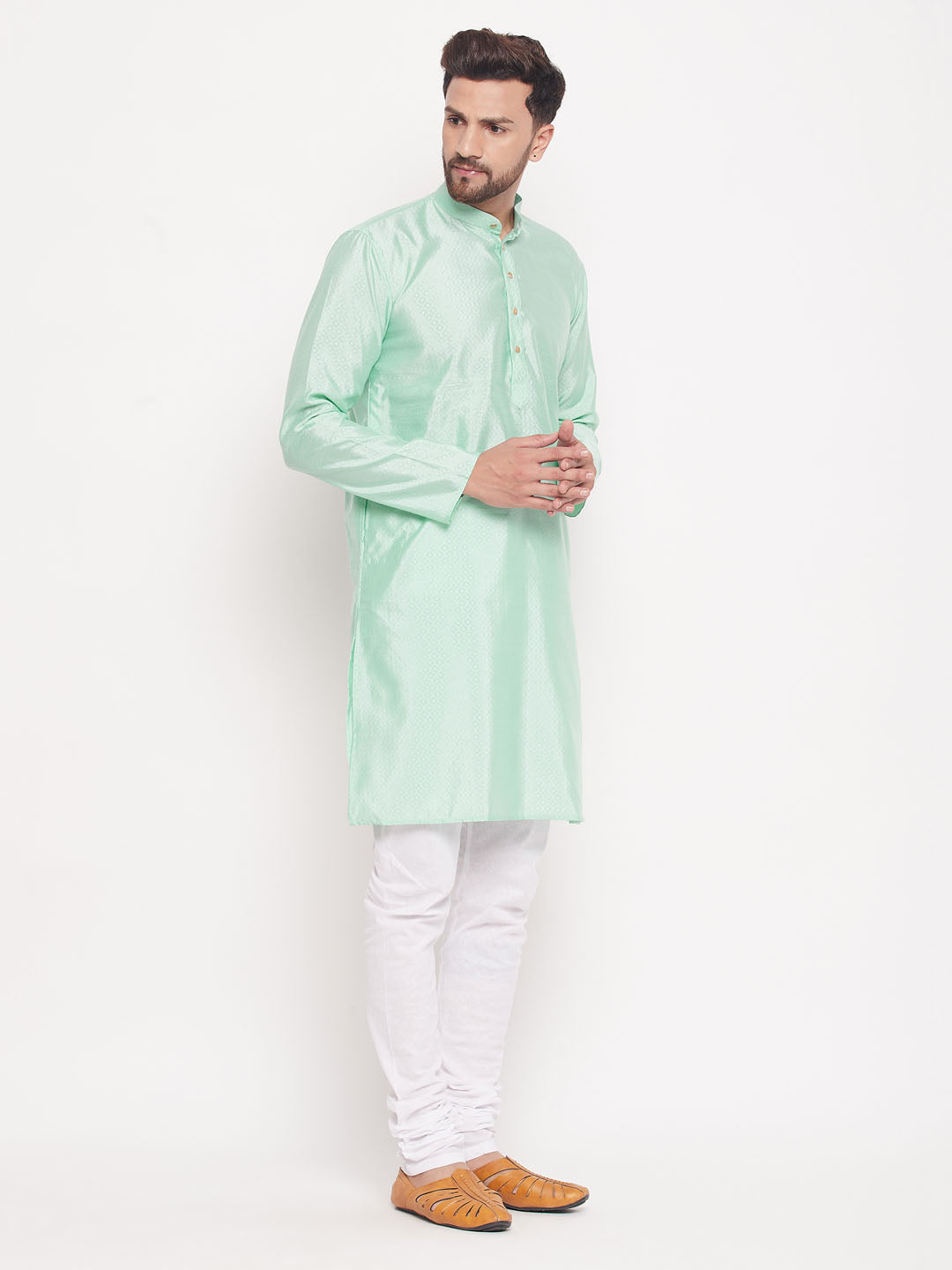 Sarvati Men's Aqua Blue Square Woven Design Silk Blend Kurta With White Pyjama Set