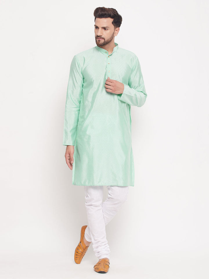 Sarvati Men's Aqua Blue Square Woven Design Silk Blend Kurta With White Pyjama Set