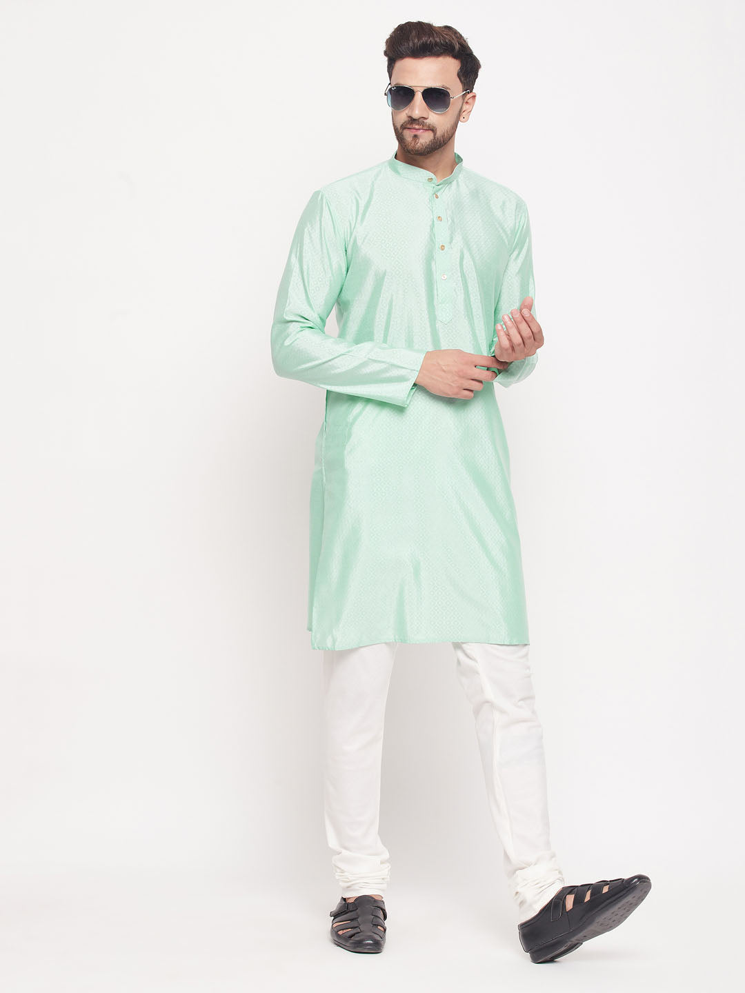 Sarvati Men's Aqua Blue Square Woven Design Silk Blend Kurta With Cream Pyjama Set