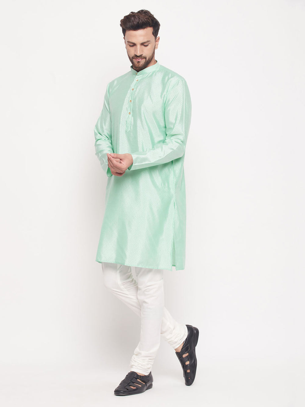 Sarvati Men's Aqua Blue Square Woven Design Silk Blend Kurta With Cream Pyjama Set