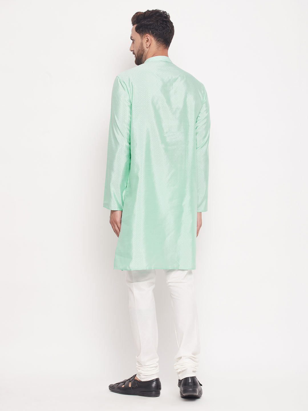 Sarvati Men's Aqua Blue Square Woven Design Silk Blend Kurta With Cream Pyjama Set