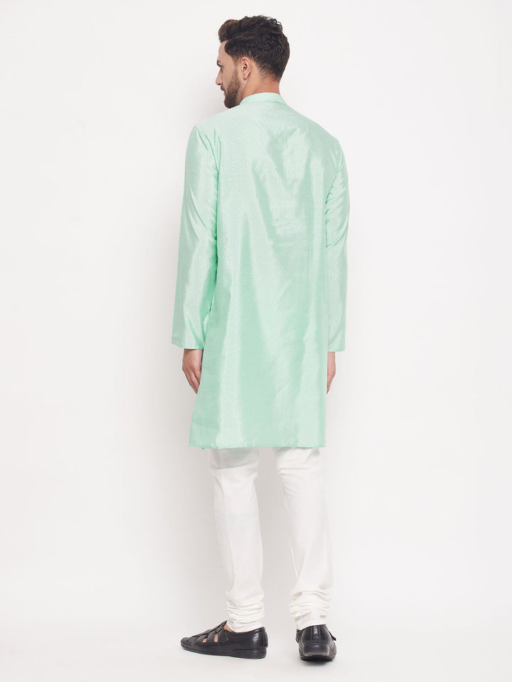 Sarvati Men's Aqua Blue Square Woven Design Silk Blend Kurta With Cream Pyjama Set