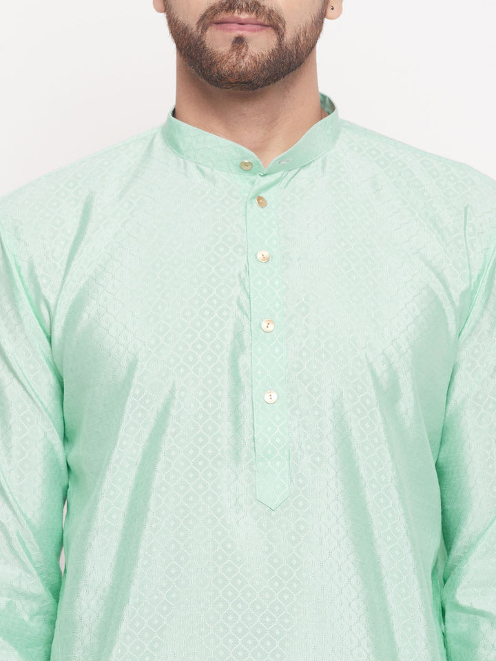 Sarvati Men's Aqua Blue Square Woven Design Silk Blend Kurta With Cream Pyjama Set
