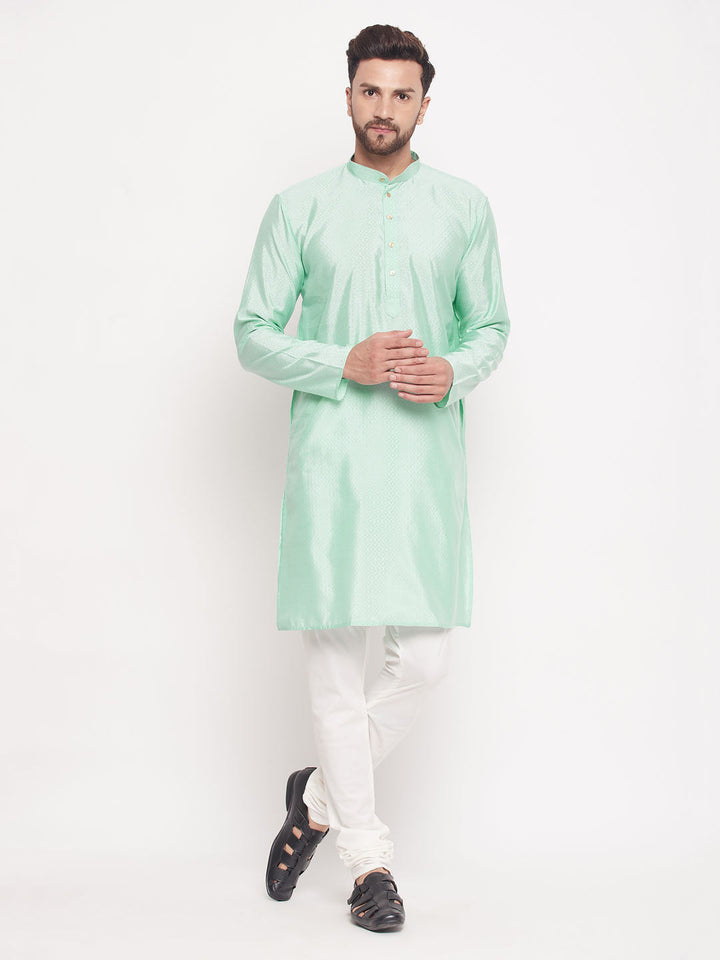 Sarvati Men's Aqua Blue Square Woven Design Silk Blend Kurta With Cream Pyjama Set