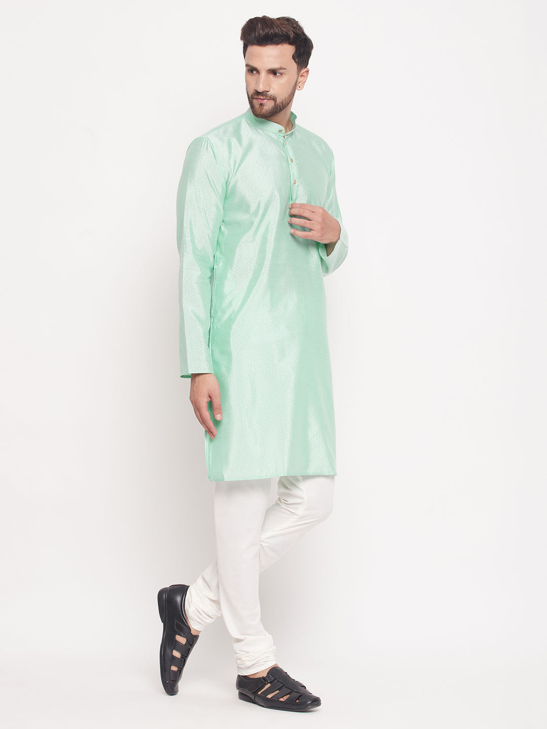 Sarvati Men's Aqua Blue Square Woven Design Silk Blend Kurta With Cream Pyjama Set