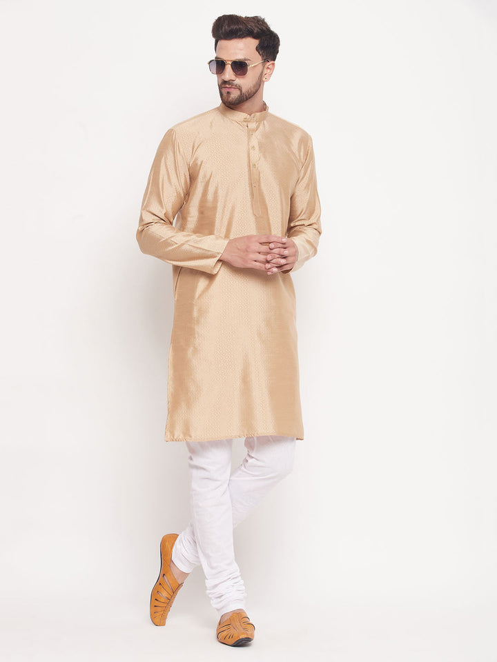 Sarvati Men's Beige Square Woven Silk Blend Kurta With White Pyjama Set