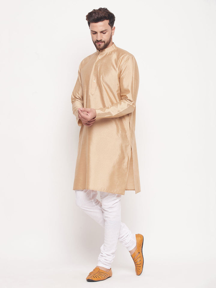 Sarvati Men's Beige Square Woven Silk Blend Kurta With White Pyjama Set