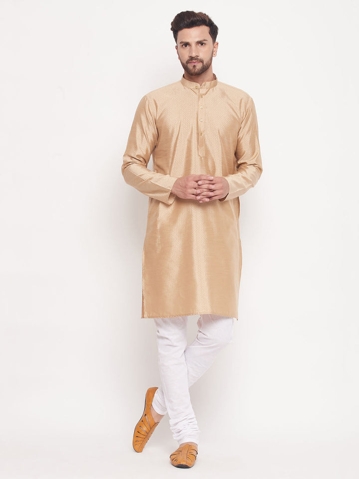 Sarvati Men's Beige Square Woven Silk Blend Kurta With White Pyjama Set