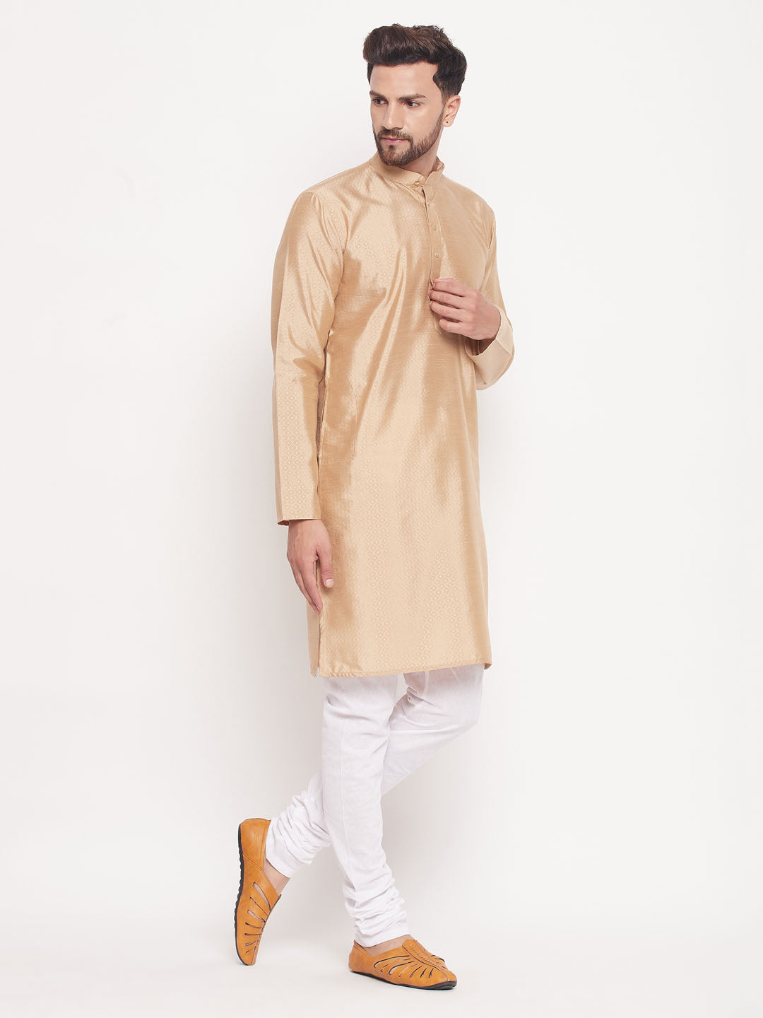 Sarvati Men's Beige Square Woven Silk Blend Kurta With White Pyjama Set