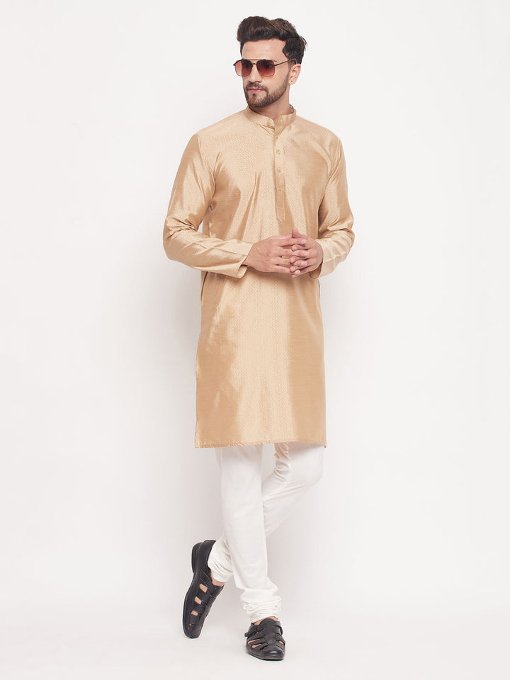 Sarvati Men's Beige Square Woven Design Silk Blend Kurta With Cream Pyjama Set