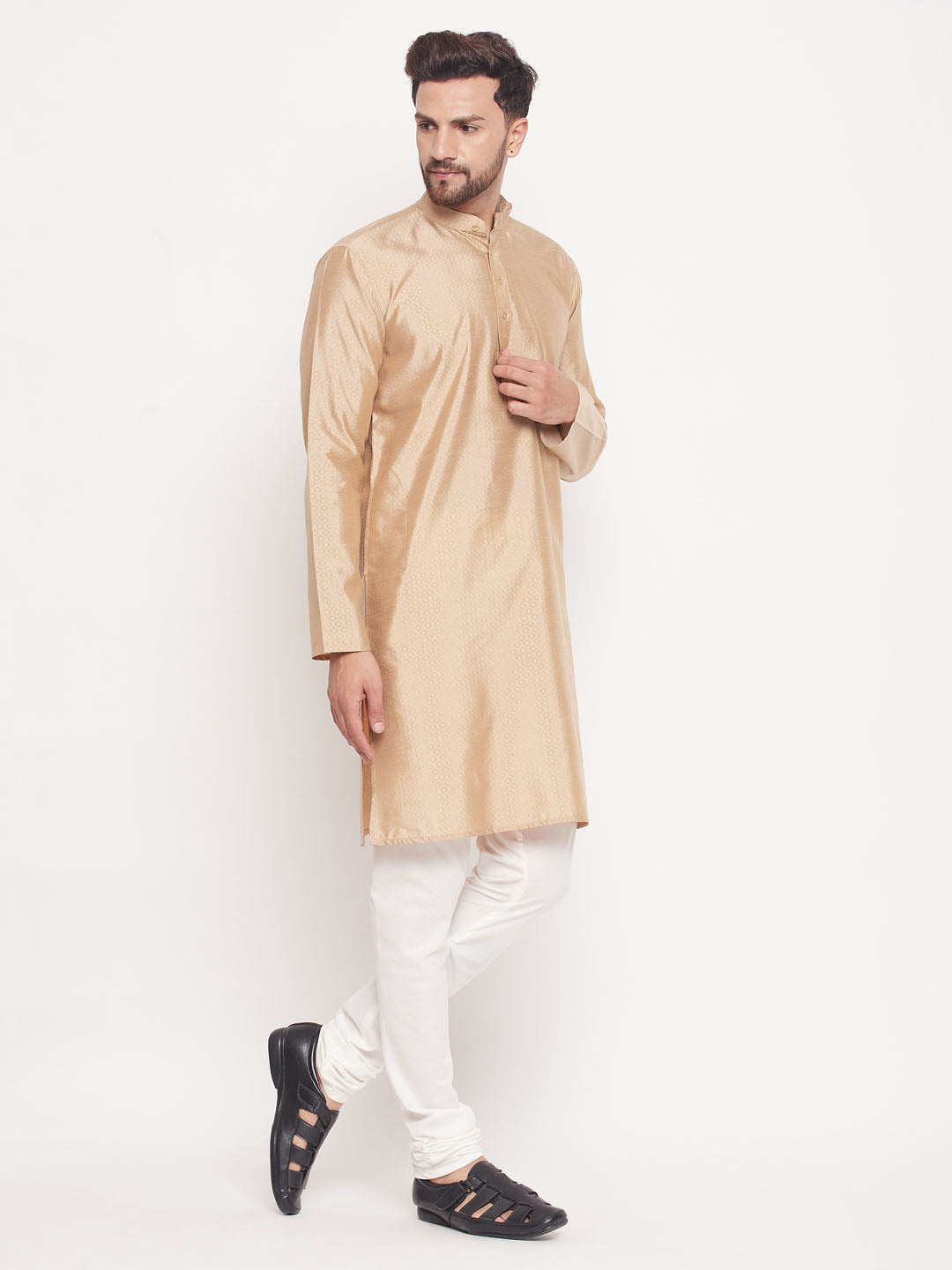 Sarvati Men's Beige Square Woven Design Silk Blend Kurta With Cream Pyjama Set