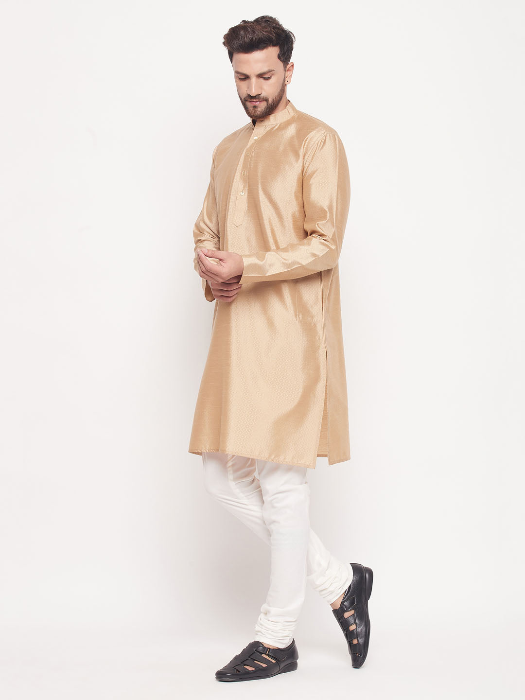 Sarvati Men's Beige Square Woven Design Silk Blend Kurta With Cream Pyjama Set