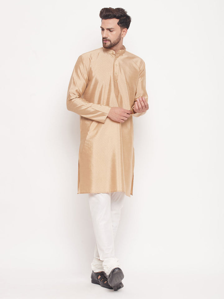 Sarvati Men's Beige Square Woven Design Silk Blend Kurta With Cream Pyjama Set