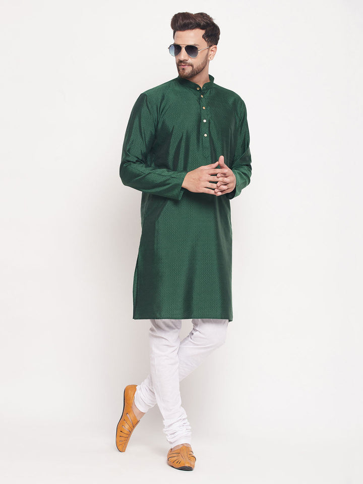 Sarvati Men's Green Square Woven Silk Blend Kurta With White Pyjama Set