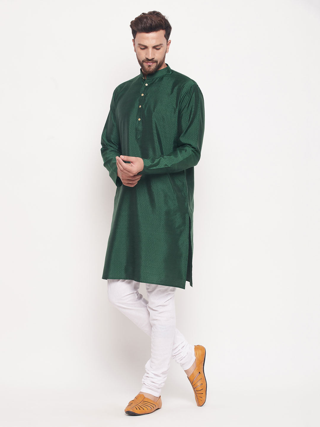 Sarvati Men's Green Square Woven Silk Blend Kurta With White Pyjama Set