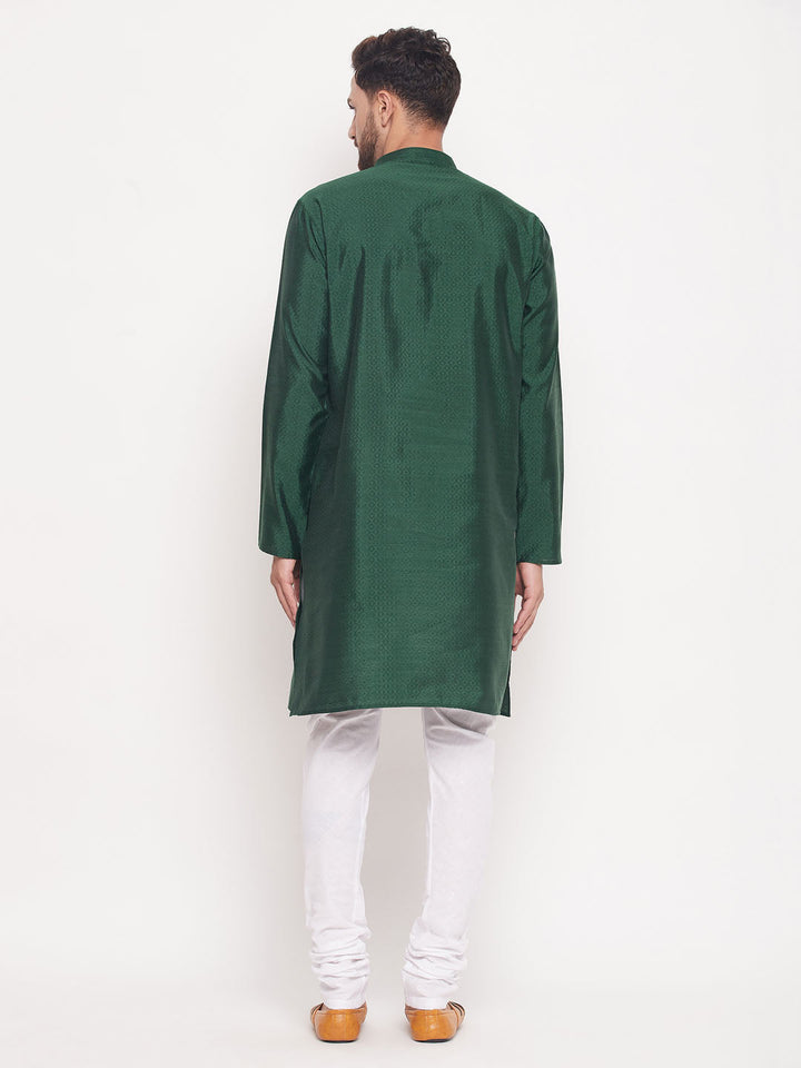 Sarvati Men's Green Square Woven Silk Blend Kurta With White Pyjama Set