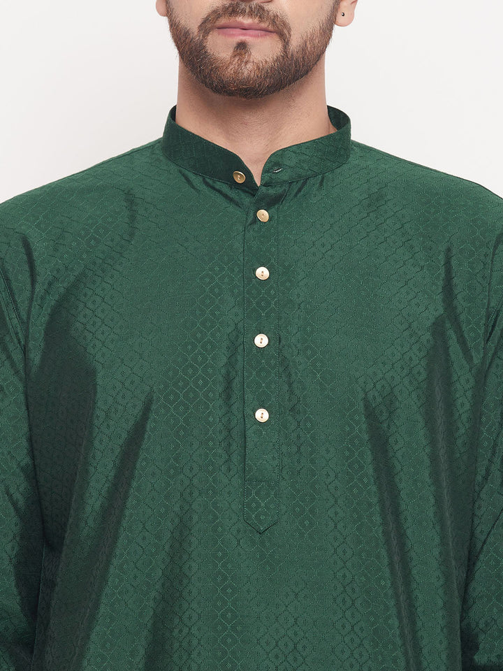 Sarvati Men's Green Square Woven Silk Blend Kurta With White Pyjama Set