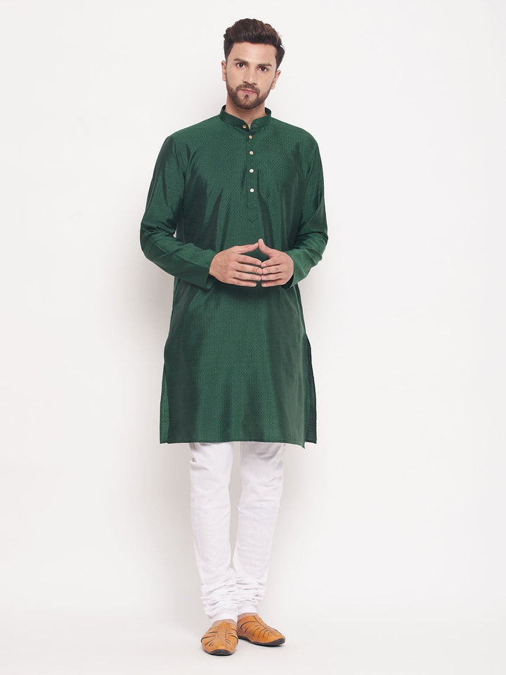 Sarvati Men's Green Square Woven Silk Blend Kurta With White Pyjama Set